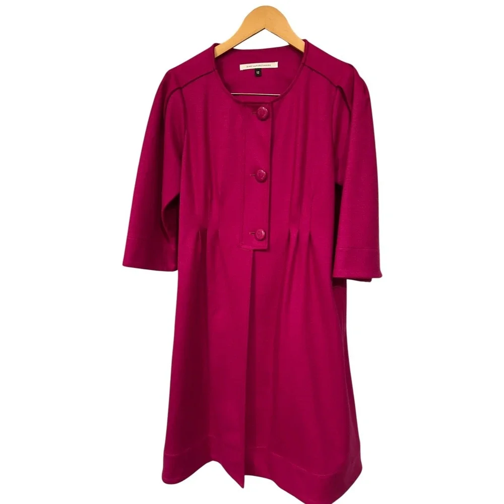 DIANE von FURSTENBERG DVF Wool Blend USA Magenta‎ Collarless Coat 3/4 Sleeves 12